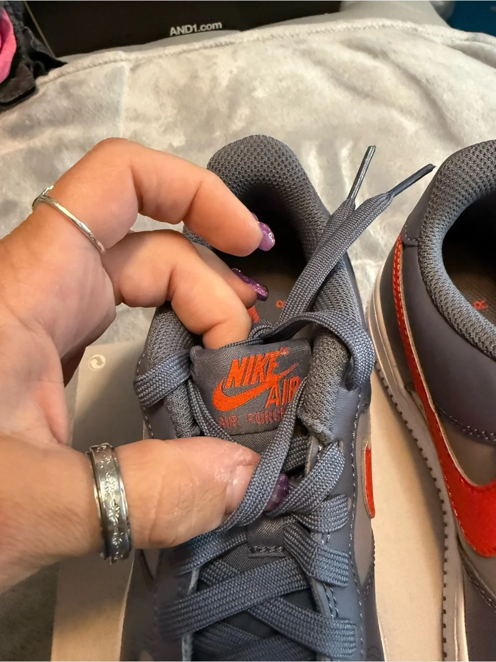 Nike Kids Air Force One Gray Sneakers with Red Swoosh